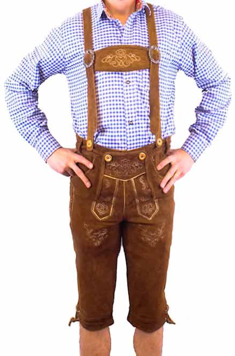 Lederhosen set C (bruine broek + blauw overhemd) 54-xxl