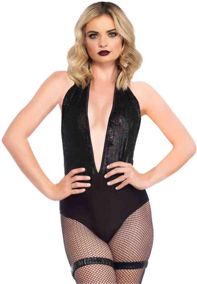 Glanzende halter bodysuit met pailletten zwart - M - Leg Avenue