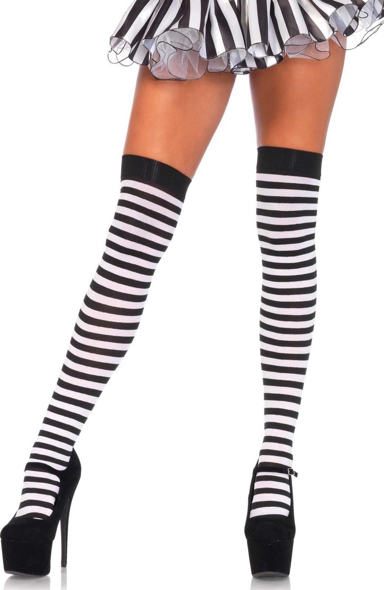 Halloween Zwart/wit gestreepte verkleed kousen voor dames - One size-  Themafeest - Black and white party - Sexy boeven sokken