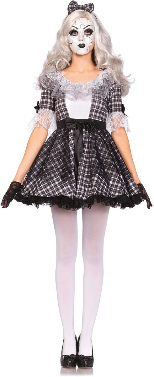 Pretty Porcelain korte Doll jurk kostuum met haarband en masker zwart/wit - kostuum Party Halloween - L - Leg Avenue