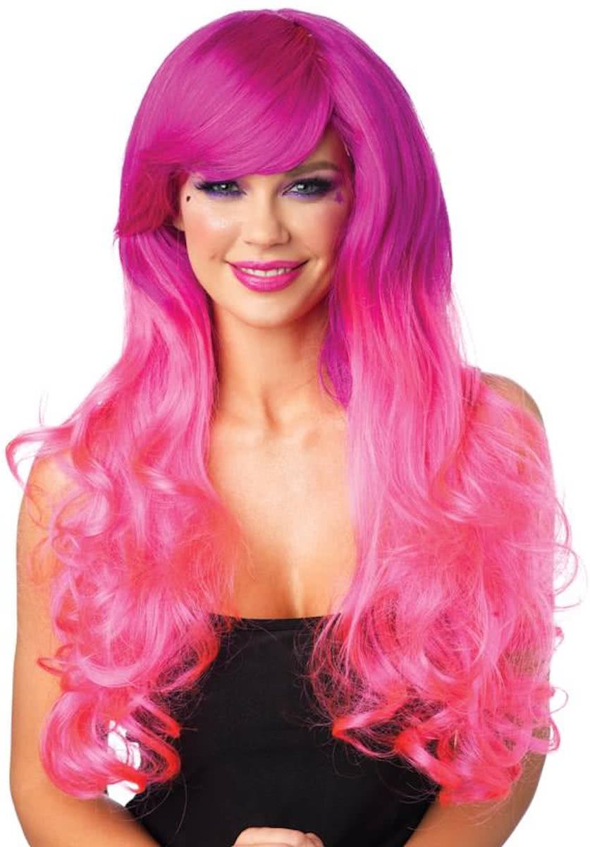 Two-Tone Long Wavy Dames Pruik Fuchsia/RozeLeg Avenue