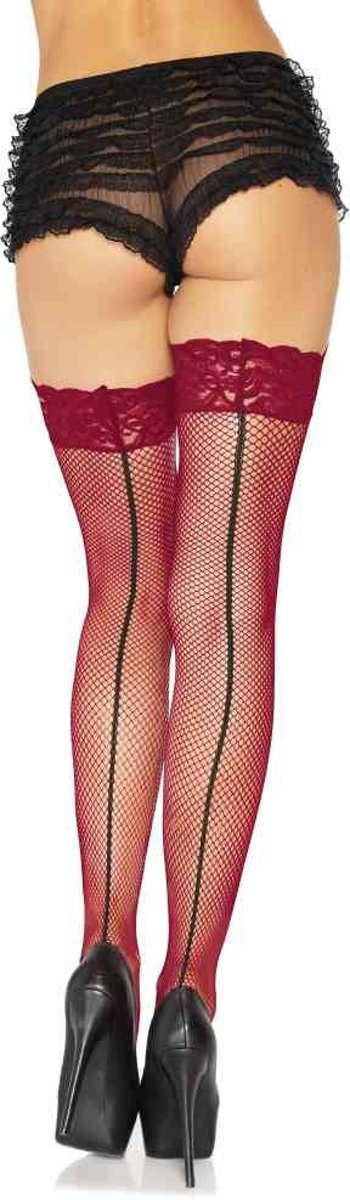 Visnet stay up kousen met kanten rand en naad bordeaux rood/zwart - One size - Leg Avenue