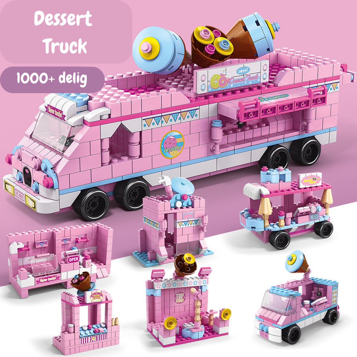 Bouwset Dessert Wagen - 1000 bouwstenen - 6 in 1 - Roze truck - Deal Verpakking -Lego Compatibel - Cadeau voor meisjes & jongens vanaf 6 jaar