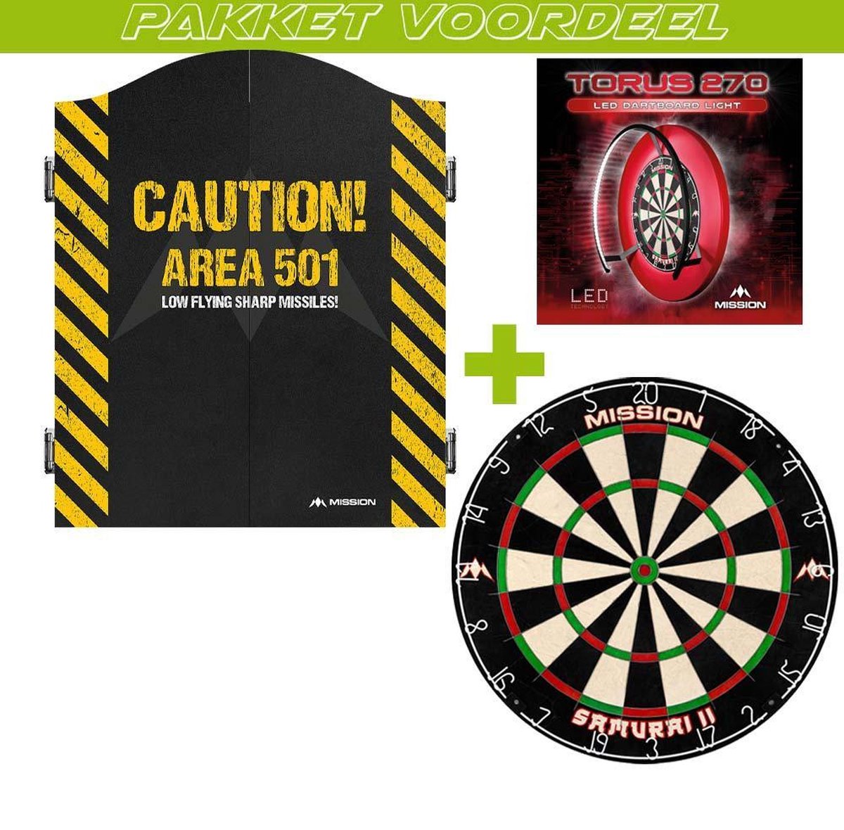 Dartkabinet Voordeelpakket+Mission Caution 501+Mission Samurai 2+Met Mission Torus 270