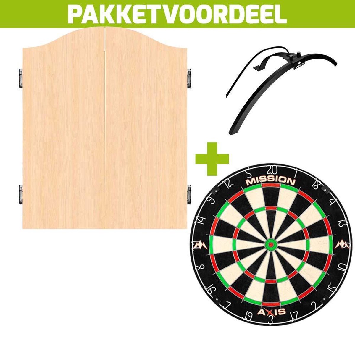 Dartkabinet Voordeelpakket+Mission Deluxe Light Oak+Mission Axis+Met Mission Torus 100