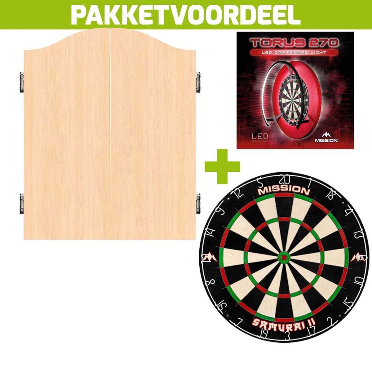 Dartkabinet Voordeelpakket+Mission Deluxe Light Oak+Mission Samurai 2+Met Mission Torus 270