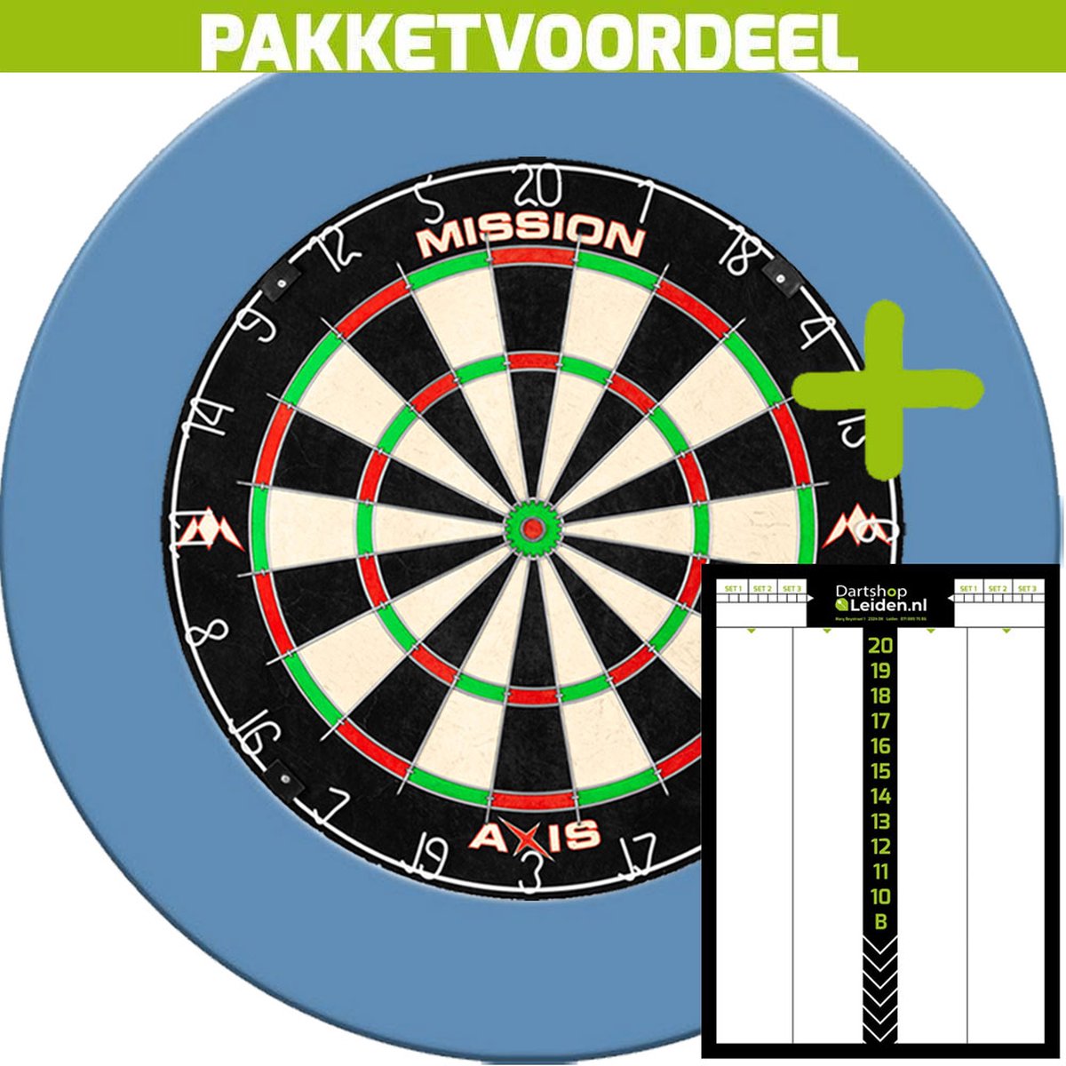 Mission Axis Dartbord + Rubberen Surround (Aqua) + Dart Scorebord Deluxe (21*30)