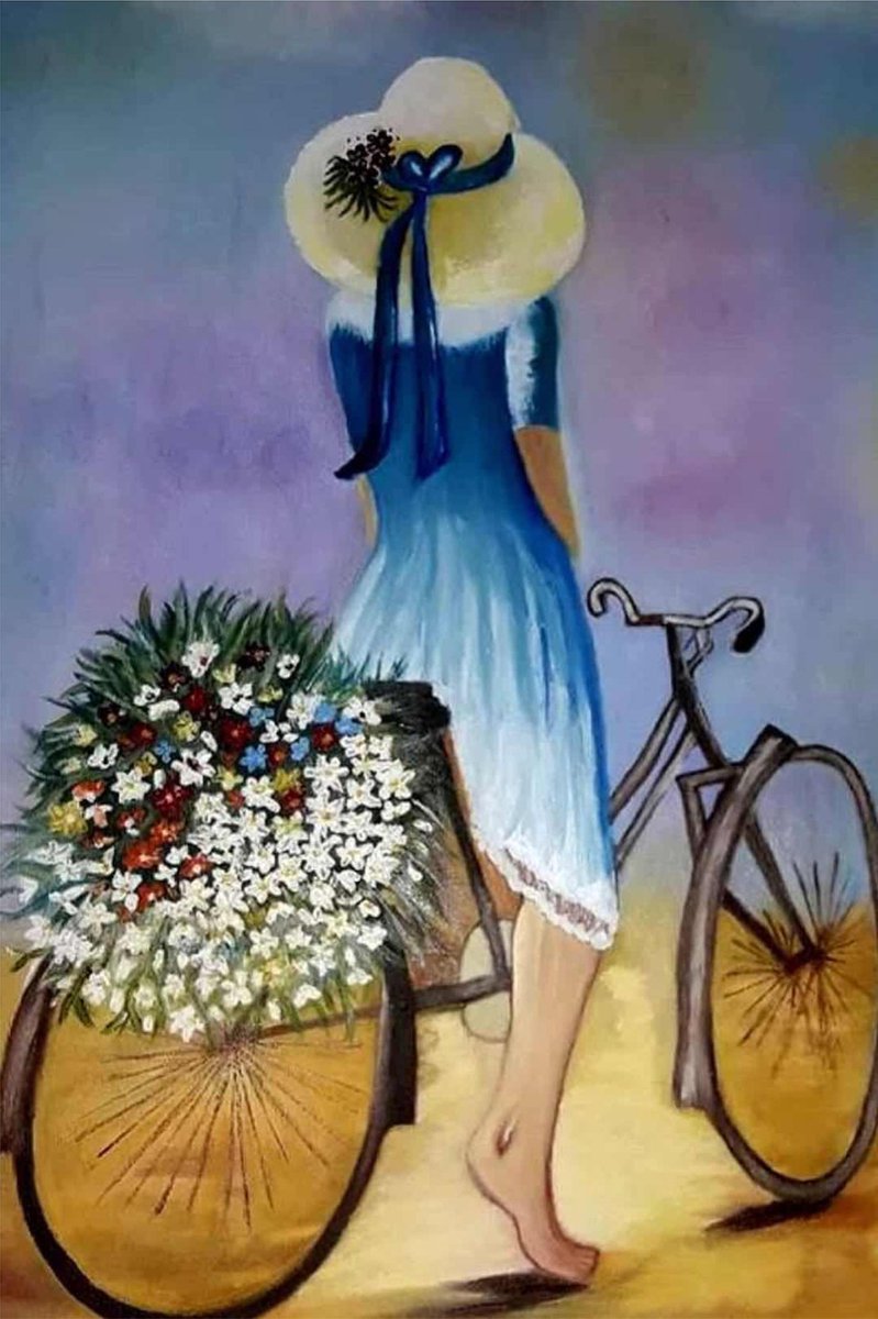 Lenks Diamond painting dame met fiets 40 X 50cm ronde steentjes full paint Diamond Paint 4013