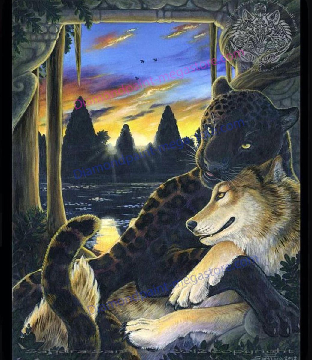 Lenks Diamond painting wolf met puma 40 X 50cm ronde steentjes full paint Diamond Paint