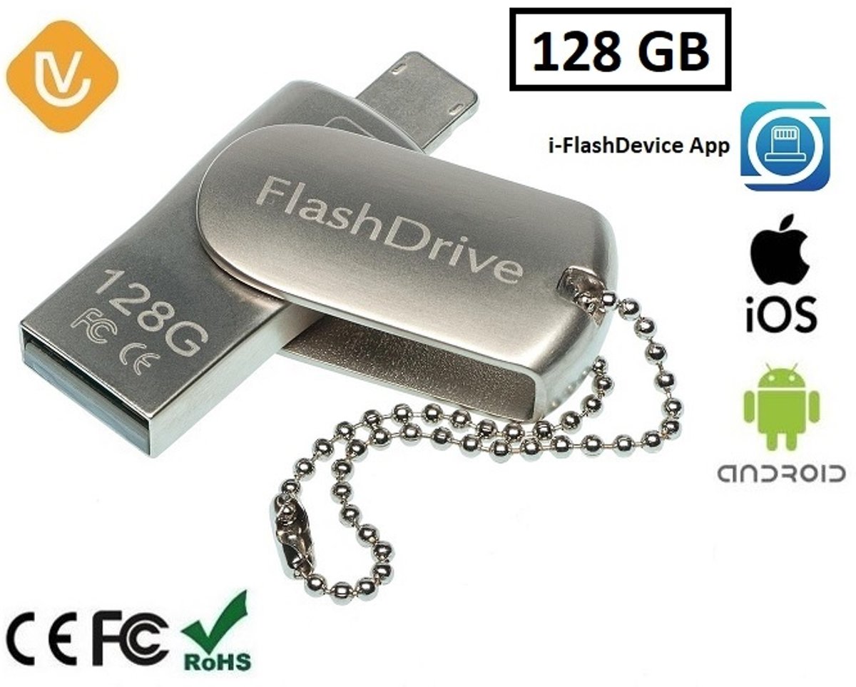 LenV - 3 in 1 Flashdrive 128GB voor Apple/IOS lightning connector en Android. Flash Drive 128GB (ipad / iphone / ipod), zilver