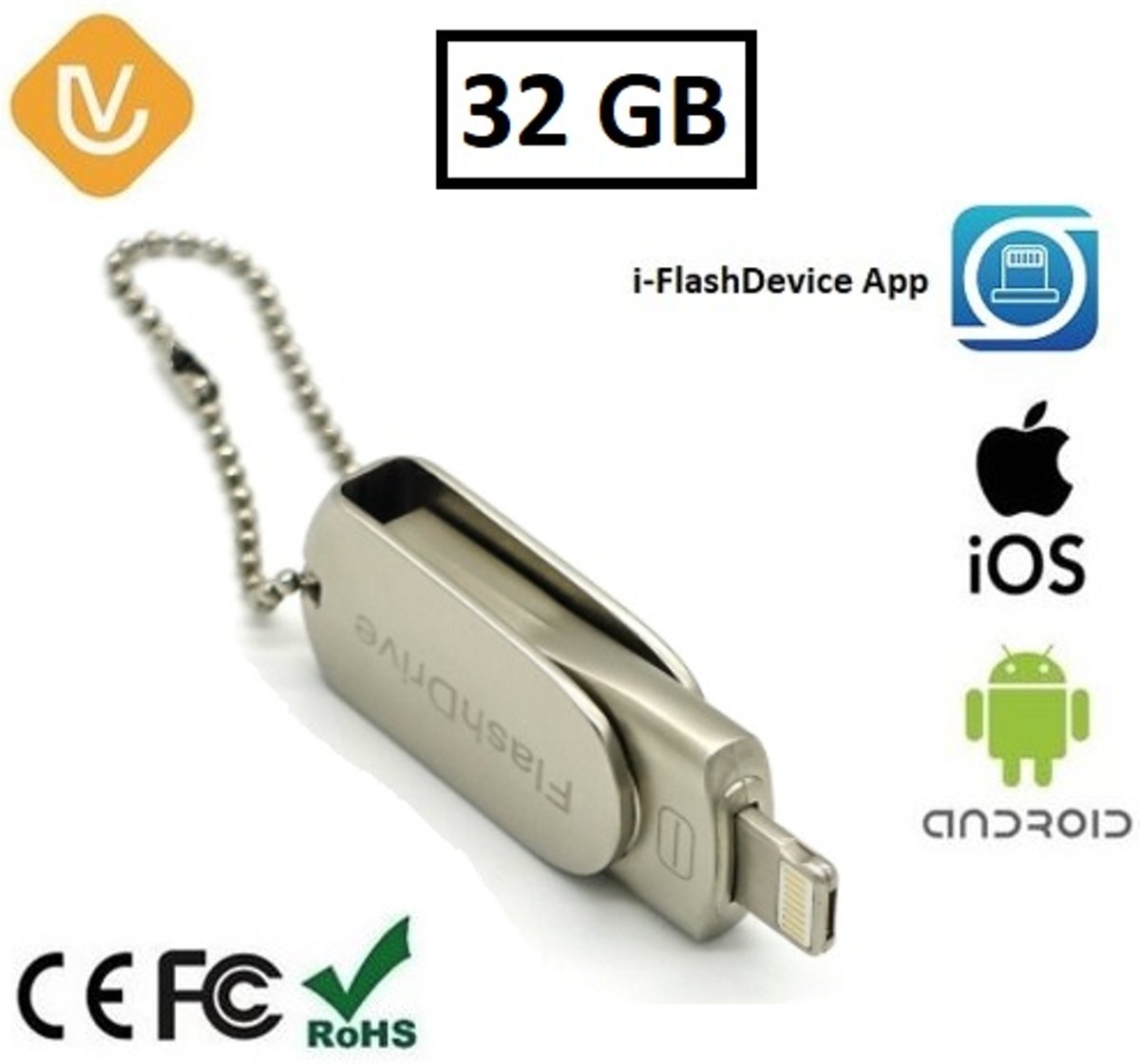 LenV - 3 in 1 Flashdrive 32GB voor Apple/IOS lightning connector en Android. Flash Drive 32GB (ipad / iphone / ipod), zilver