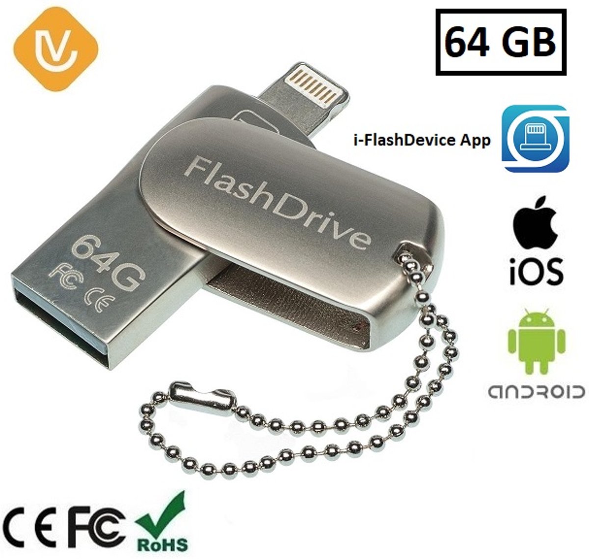 LenV - 3 in 1 Flashdrive 64GB voor Apple/IOS lightning connector en Android. Flash Drive 64GB (ipad / iphone / ipod), zilver