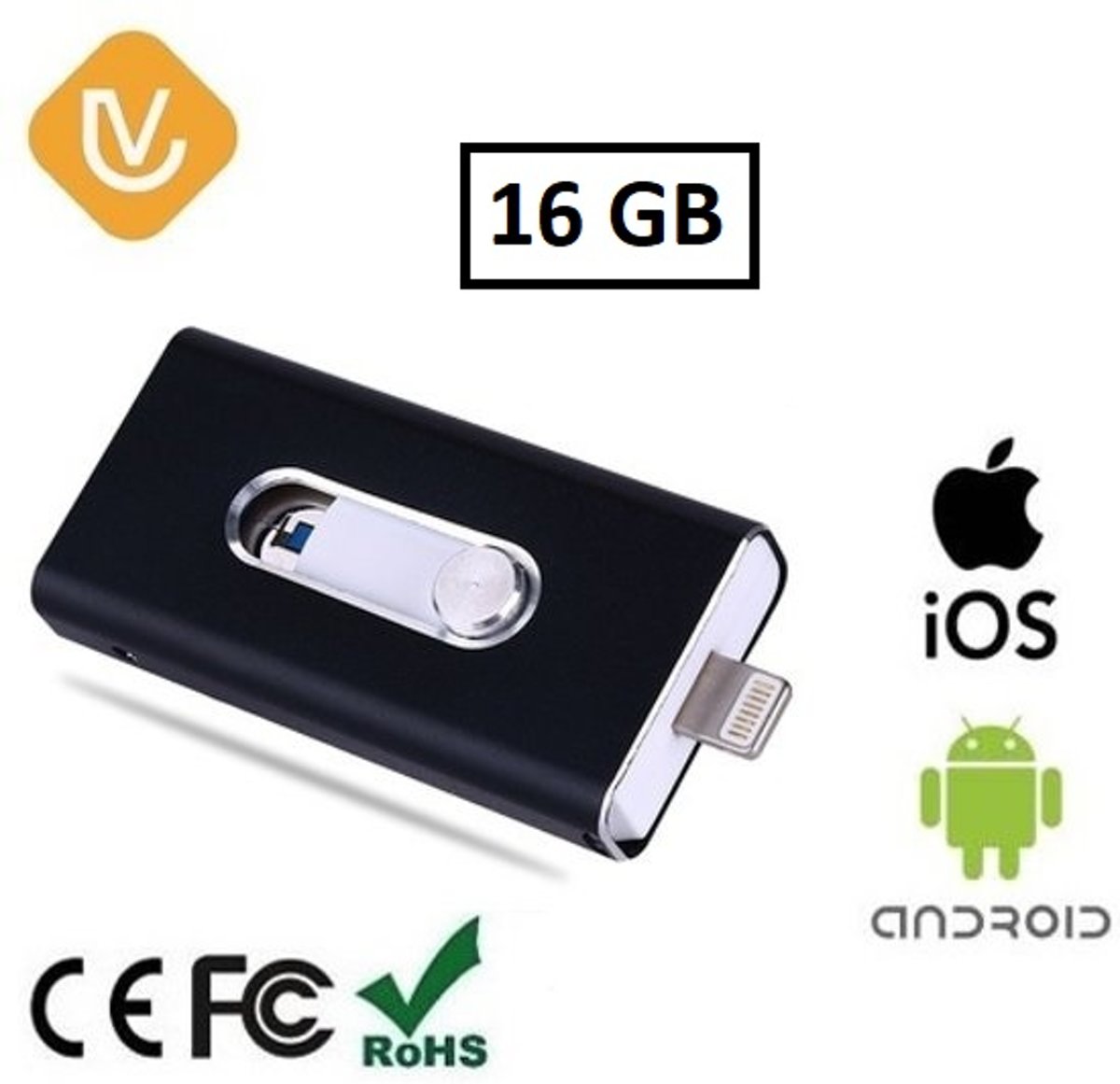 LenV - Flashdrive 16GB voor Apple/IOS lightning connector en Android. Flash Drive 16GB (ipad / iphone / ipod), zwart