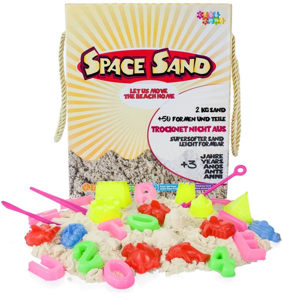 Leo & Emma Space Sand 1.8kg set 50 stuks. Vormen cijfers letters kasteel modelleertool modelleerbak, kinetisch magisch zand, vele kleuren, TÜV getest (1,8 kg turkoois)