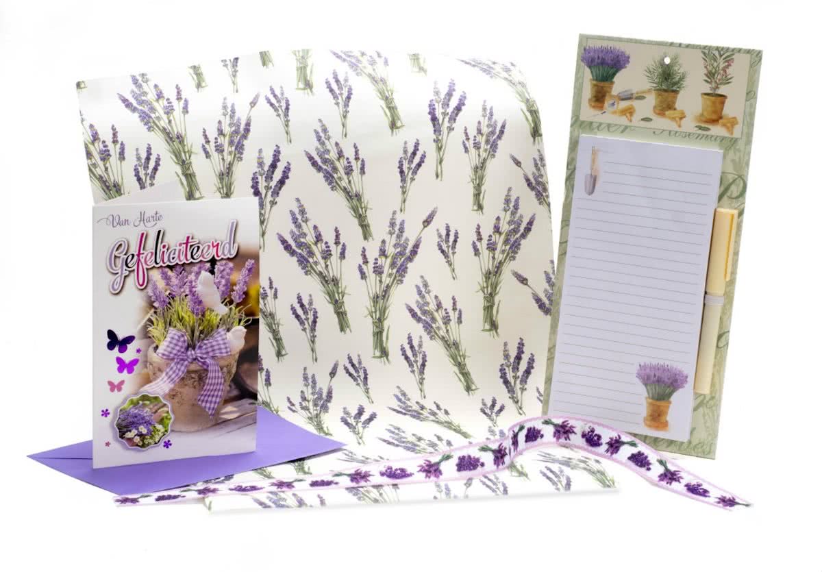 Lavendel cadeauset boodschappenblok cadeaupapier wenskaart cadeaulint