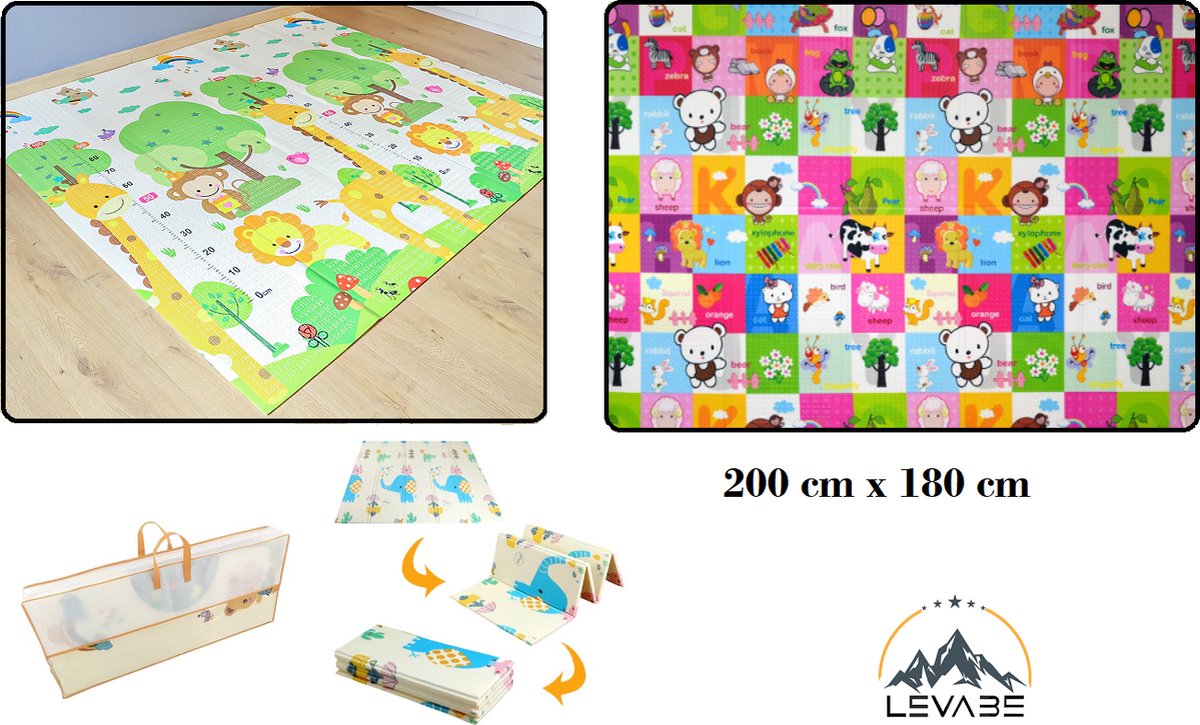 Levabe Speelmat - Baby - Kinderen - educatief - Kruipmat - Speelkleed - Dubbelzijdig - XL - Opvouwbaar - 1CM Dik - Foam - Giraffe & Alfabet - Cijfers & Letters - 180 x 200 CM - Inclusief Opbergtas