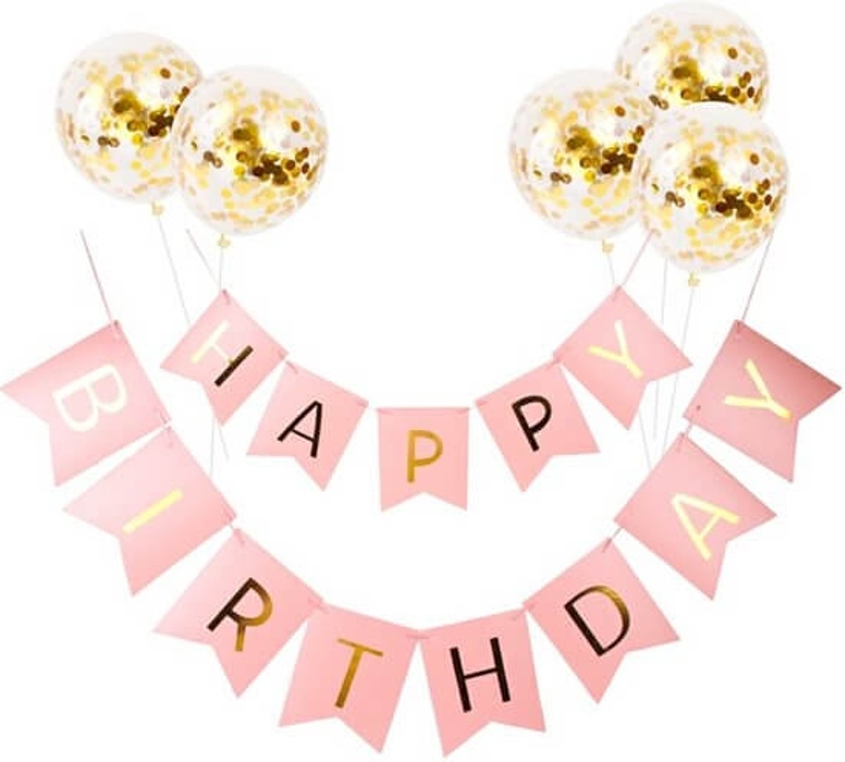 Slingers en confetti ballonnen verjaardagsset ‘Happy birthday’ - roze goud