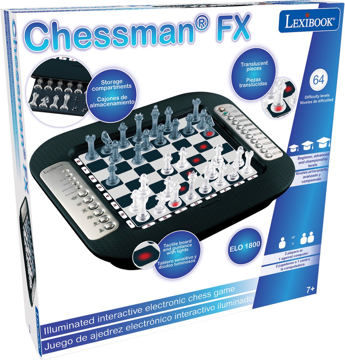 Lexibook Chessman® FX, Electronisch schaakspel met sensitive-touch clavier en licht- en geluidseffecten, 32 stukken, 64 moeilijkheidsgraden, Familie bordspel, Zwart/Zilver, CG1335