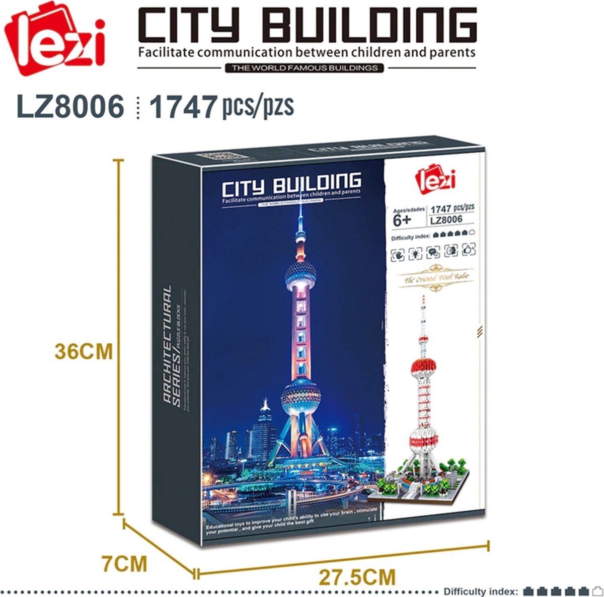 Lezi Parel van het Oosten - Shanghai China - Architectuur / Gebouwen - Nanoblocks / miniblocks - Bouwset / 3D puzzel - 1747 bouwsteentjes