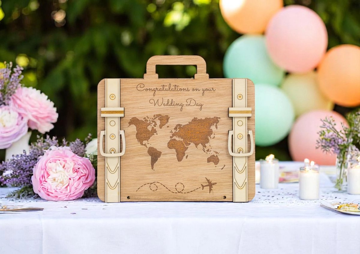 Huwelijkscadeau - Houten reiskoffer - Congratulations on your Wedding Day - EN - Just Married - Geldcadeau - Trouwen - Huwelijk - Hout - Origineel - Wedding - Geschenk - Love - Proficiat met jullie Huwelijk - Bruidspaar - Bruiloft - Vintage - Travel
