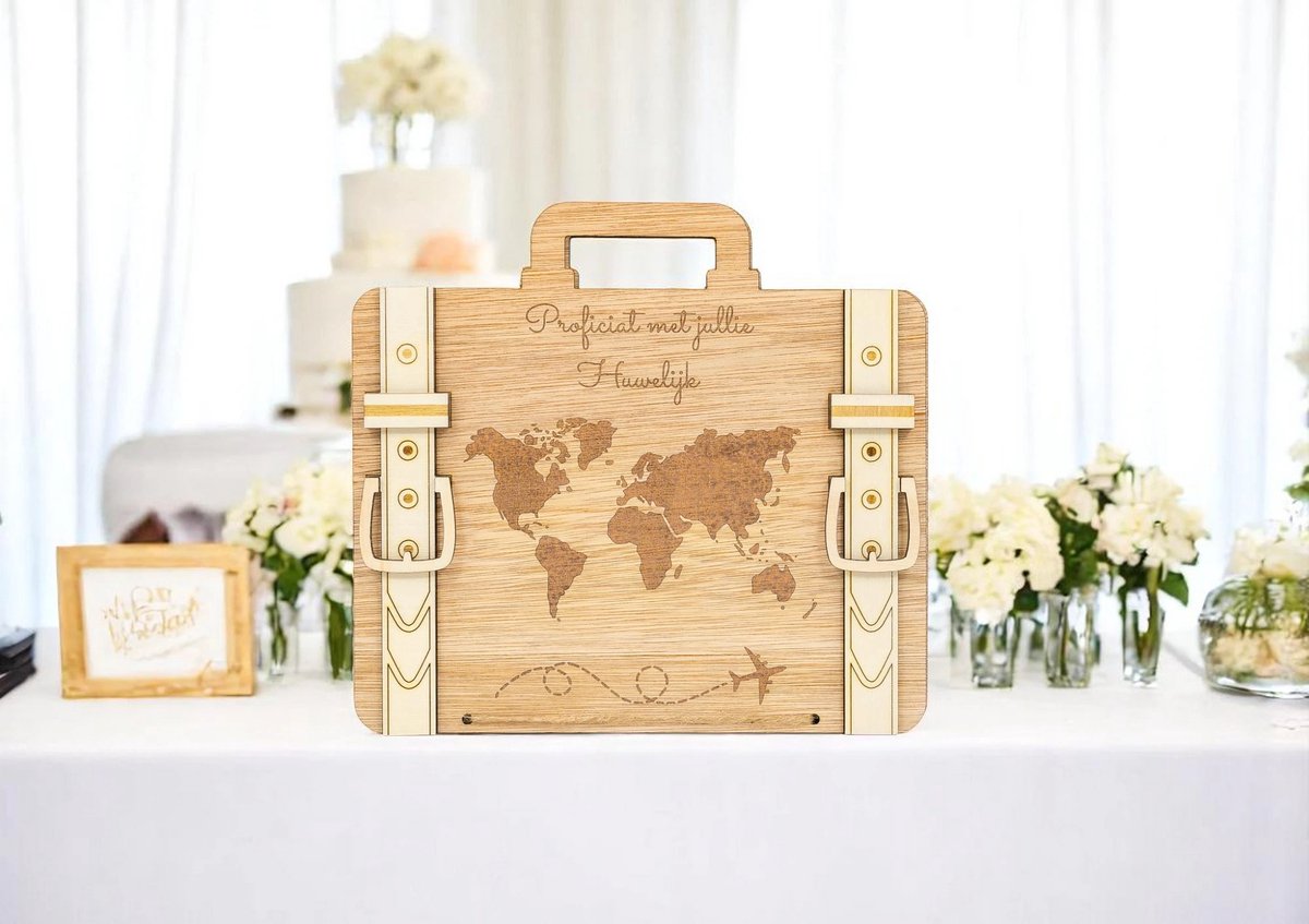 Huwelijkscadeau - Houten reiskoffer - Proficiat met jullie Huwelijk - NL - Just Married - Geldcadeau - Trouwen - Huwelijk - Hout - Origineel - Wedding - Geschenk - Love - Proficiat met jullie Huwelijk - Bruidspaar - Bruiloft - Vintage - Travel
