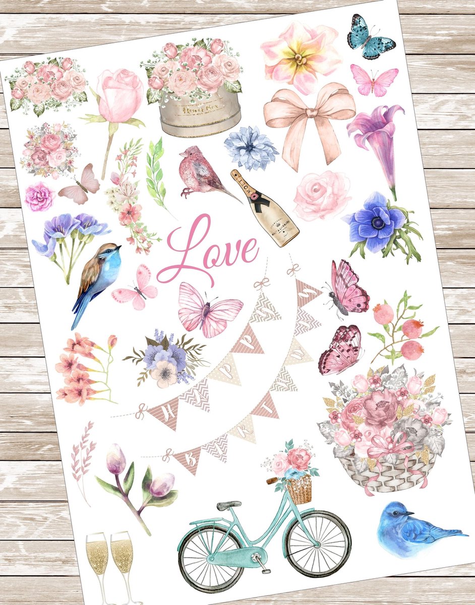 *** 36 Katoenen Stickers op stickervel Bulletjournal / Scrapbook. Bloemen vogels vlinders - kaarten - journal - scrapbooking - laptop stickers - telefoon sticker - hout - glas - metaal - muur - knutselen ***