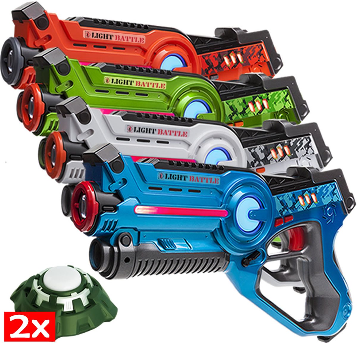 4x Light Battle laser pistool + 2 targets - Regenboog lasergame set - Groen, oranje, blauw, wit