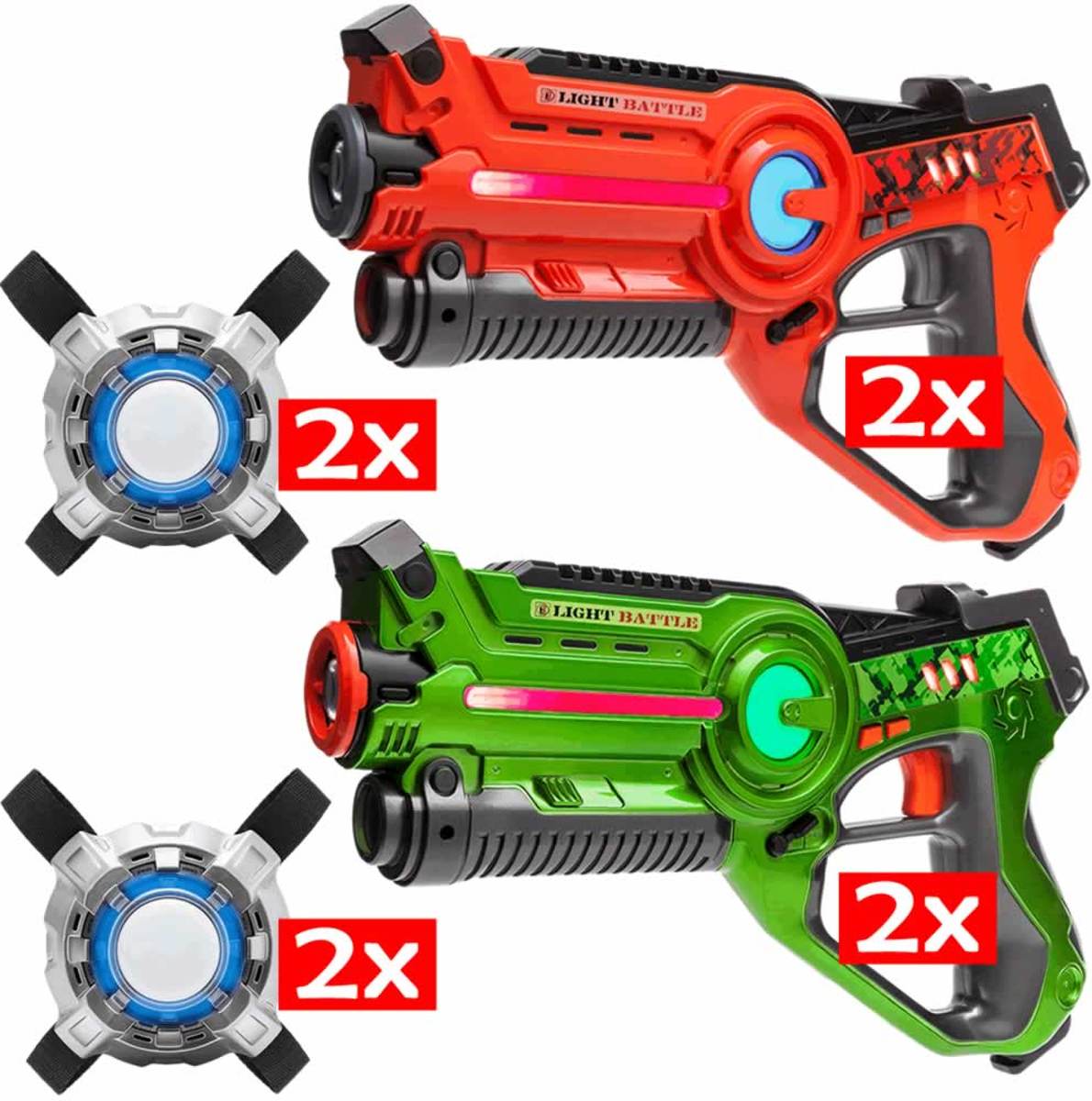 4x   lasergame pistool oranje/groen  + 4 Vesten