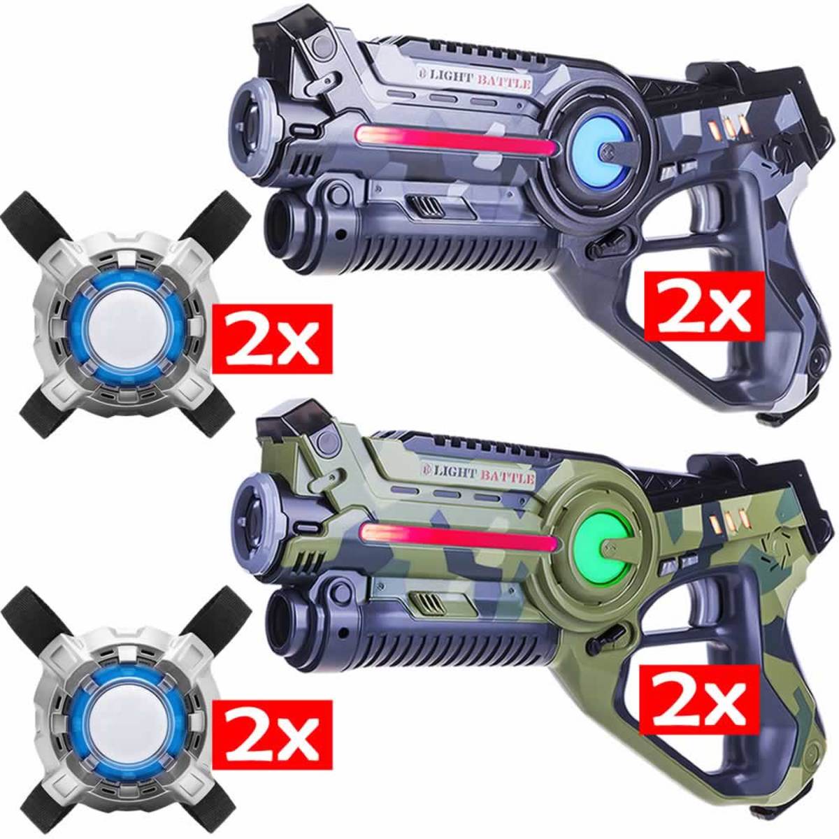 Lasergame set: 4x   lasergun camo groen/grijs + 4 vesten