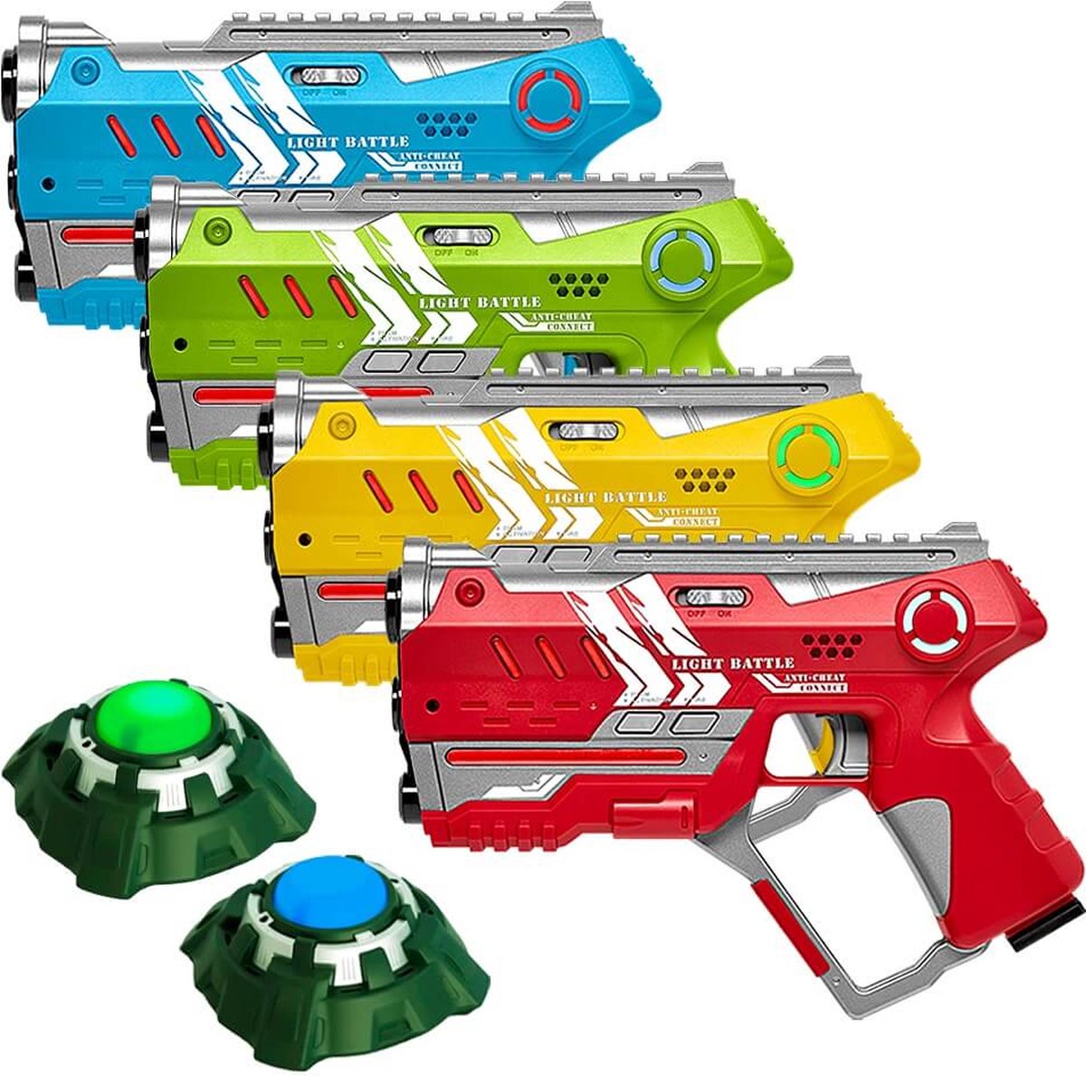   Connect Lasergame Set - 4 Laserguns ( Rood/Blauw/Geel/Groen) + 2 Targets met Anti-Cheat functie - Laser game speelgoed voor 4 spelers