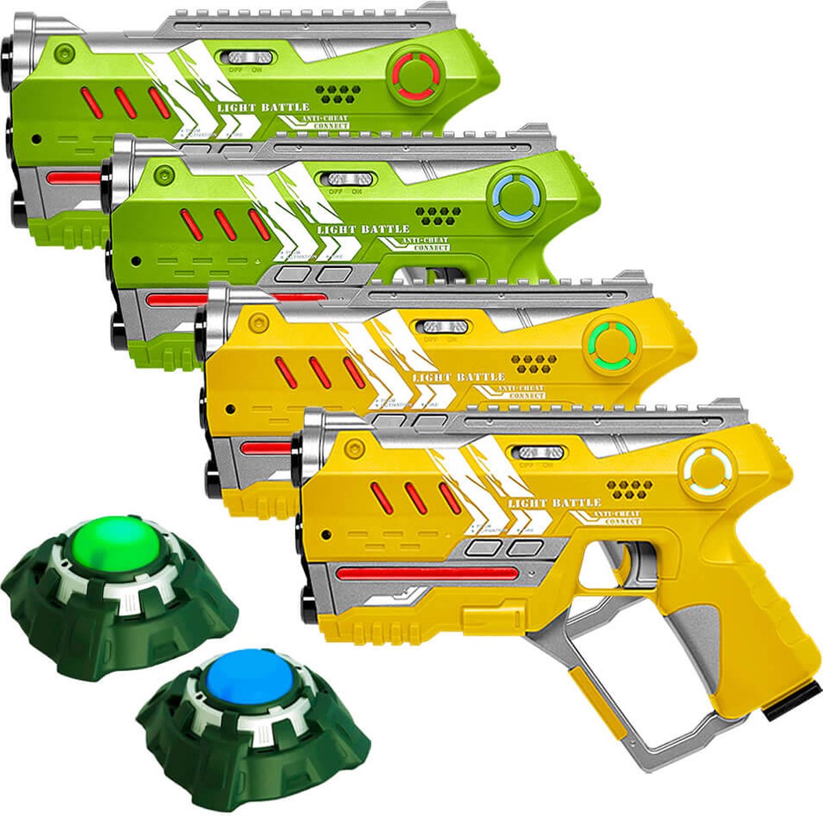 Light Battle Connect Lasergame Set - Geel/Groen - 4 Laserguns + 2 Targets met Anti-Cheat functie - Laser game voor 4 spelers