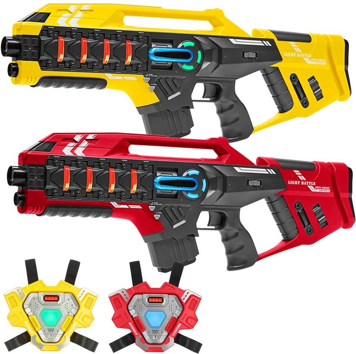   Connect Mega Blaster lasergame set - 2 Lasergeweren Geel/Rood + 2 Connect Vesten - Lasergamen met unieke Anti-cheat functie! - lasergun set voor 2 personen