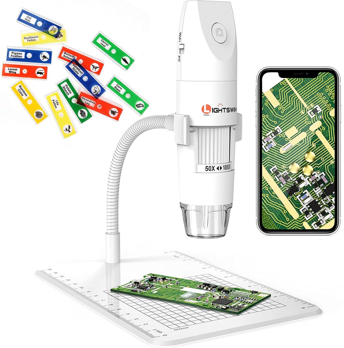 Lightswim Draadloze digitale microscoop, 50 ~ 1000 x mini-handheld microscoop vergroting met HD 1080P 2MP camera, 8 LED-lampjes voor iPhone/iPad/smartphone/tablet/pc (wit)