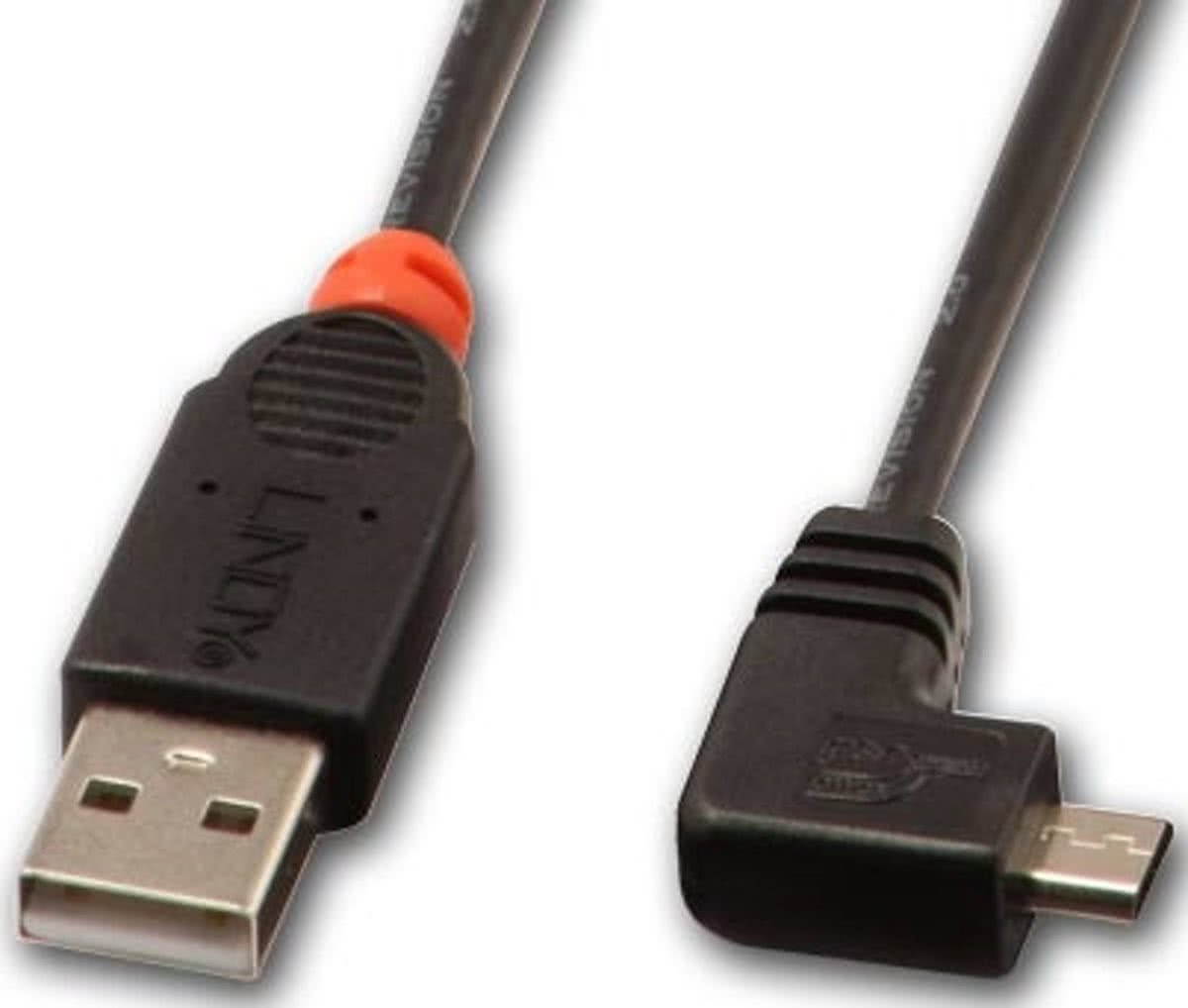 Lindy 0.5m, USB 2.0 A/Micro USB B, 90°, M/M 0.5m USB A Micro-USB B Mannelijk Mannelijk Zwart USB-kabel