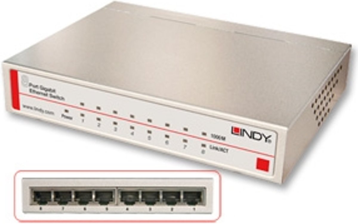 Lindy Network Switch - Gigabit, Desktop, 8 Port, 10/100/1000 Beheerde netwerkswitch Power over Ethernet (PoE) Zilver