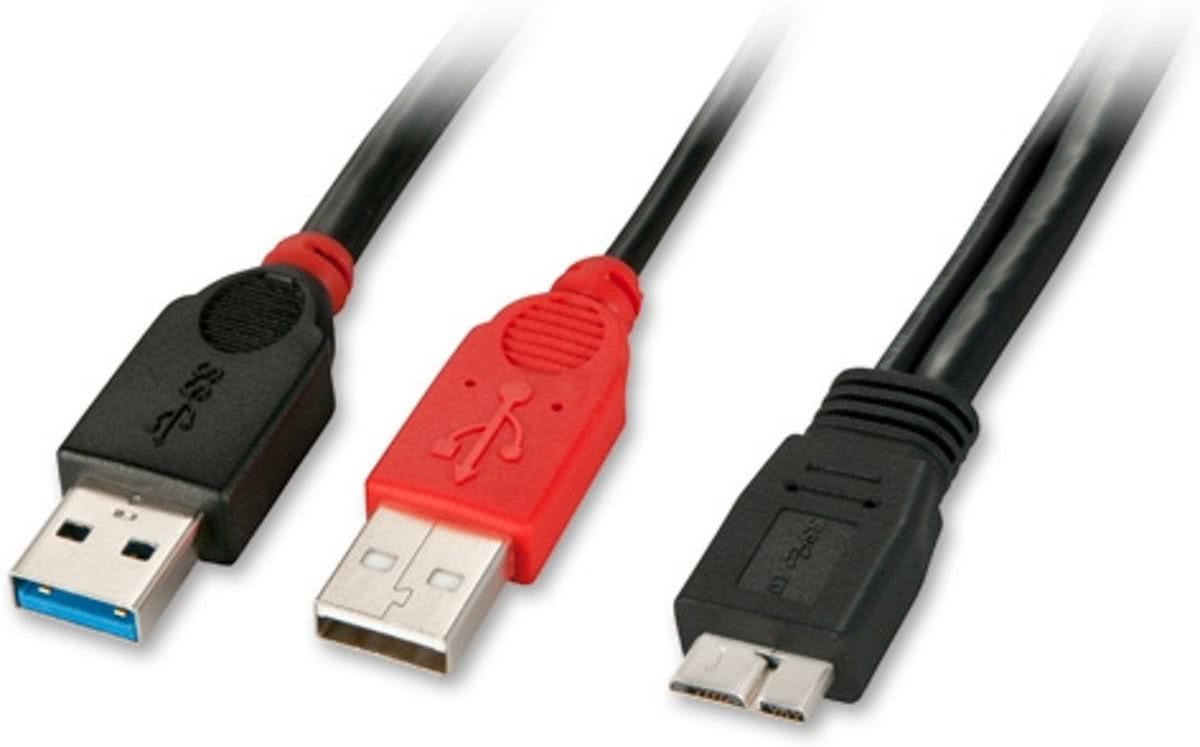 Lindy USB 3.0, 0.5m 0.5m Micro-USB B 2 x USB Mannelijk Mannelijk Zwart, Rood USB-kabel