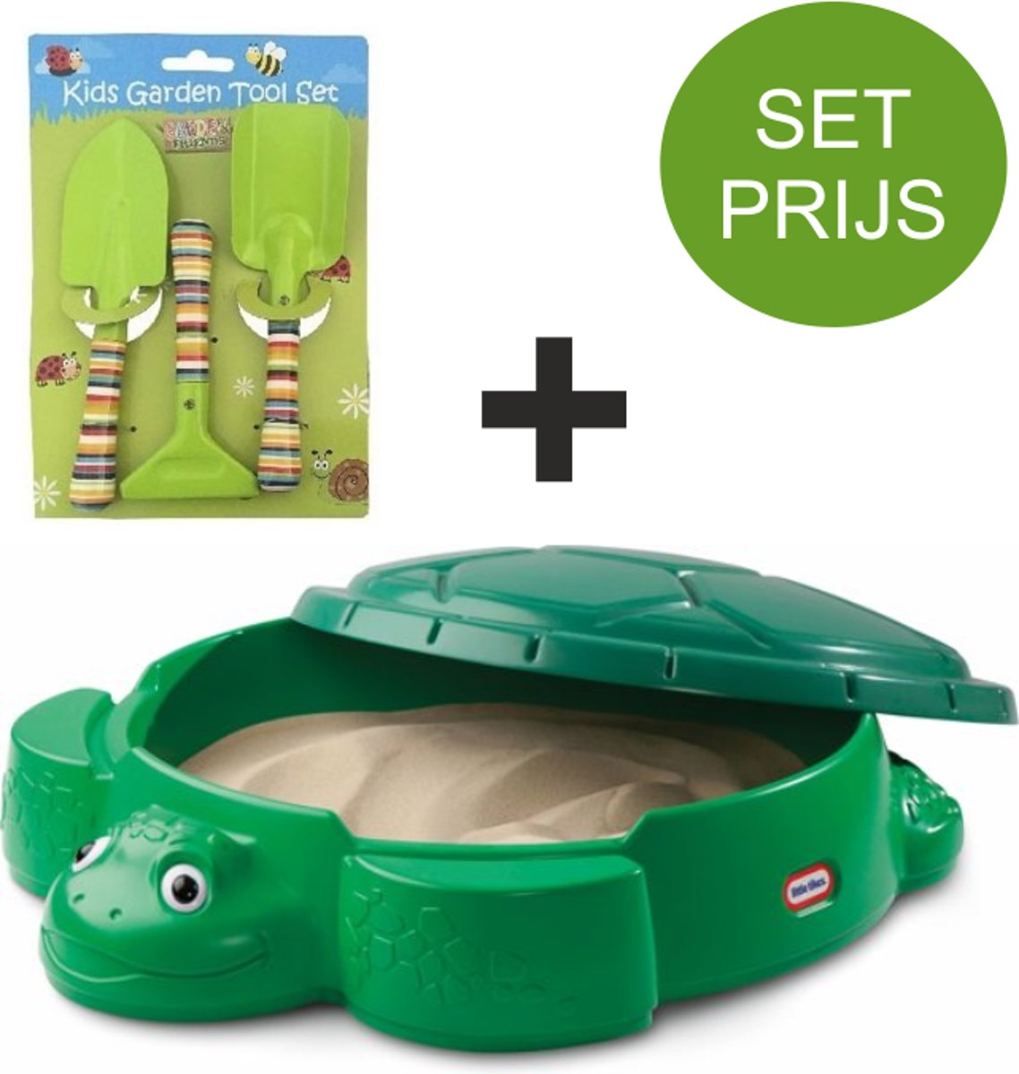   Zandbak Schildpad en tuinset met 3 tuin accessoires (groen)