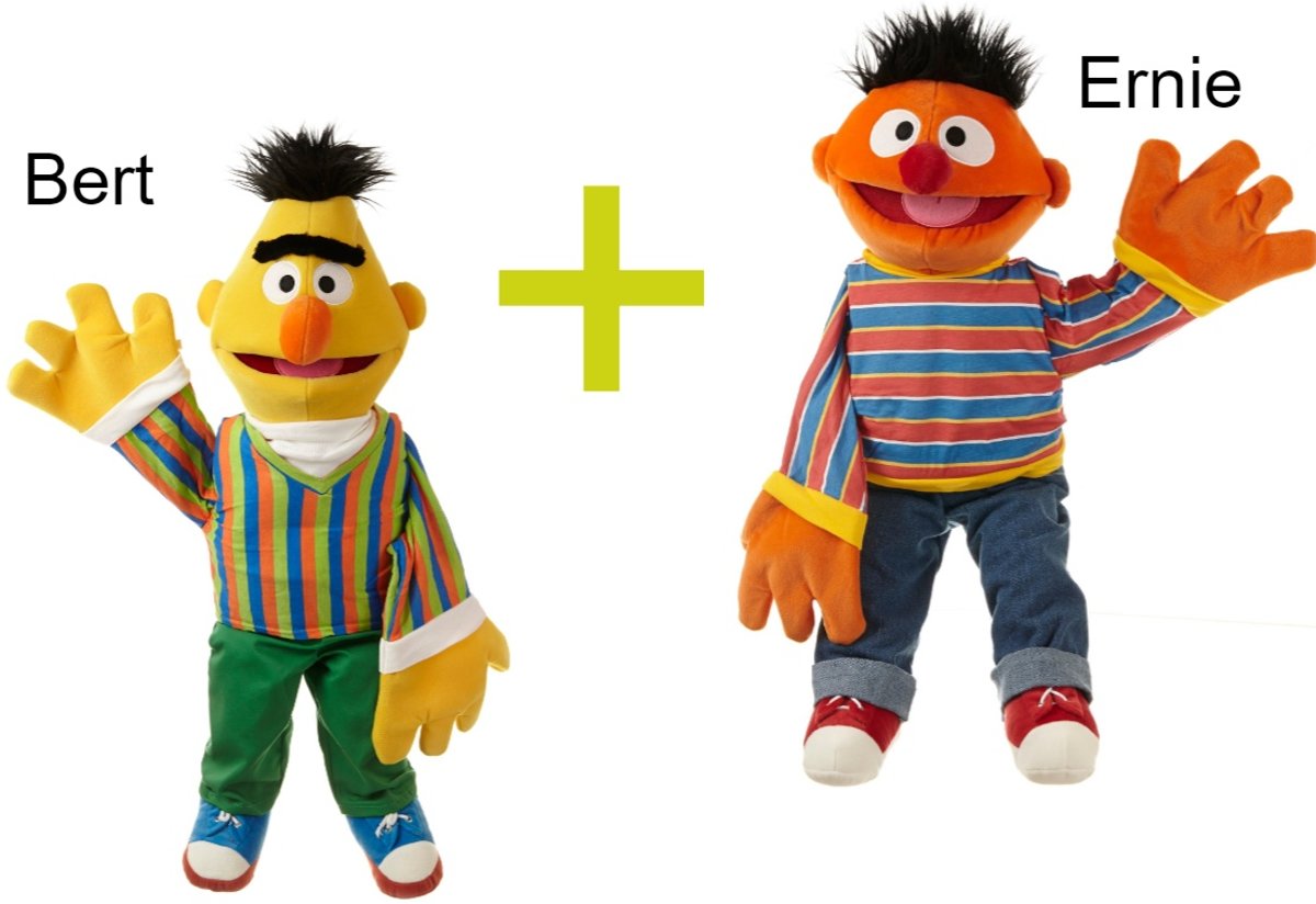   handpoppen Bert + Ernie Sesamstraat 65cm