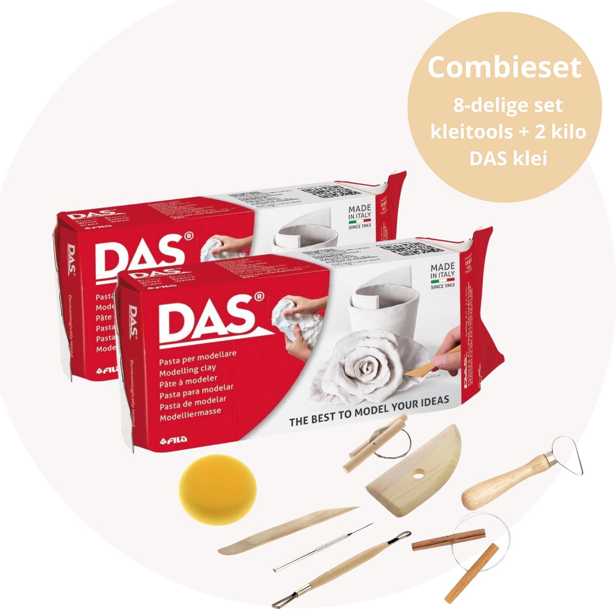 Klei – DIY - Klei Gereedschap – Boetseerklei – Kleiset - Hobby – Knutselen voor Meisjes – Hobby en Creatief Volwassenen – Creatief - Boetseer Gereedschap - Inclusief 2 Kilo DAS Klei