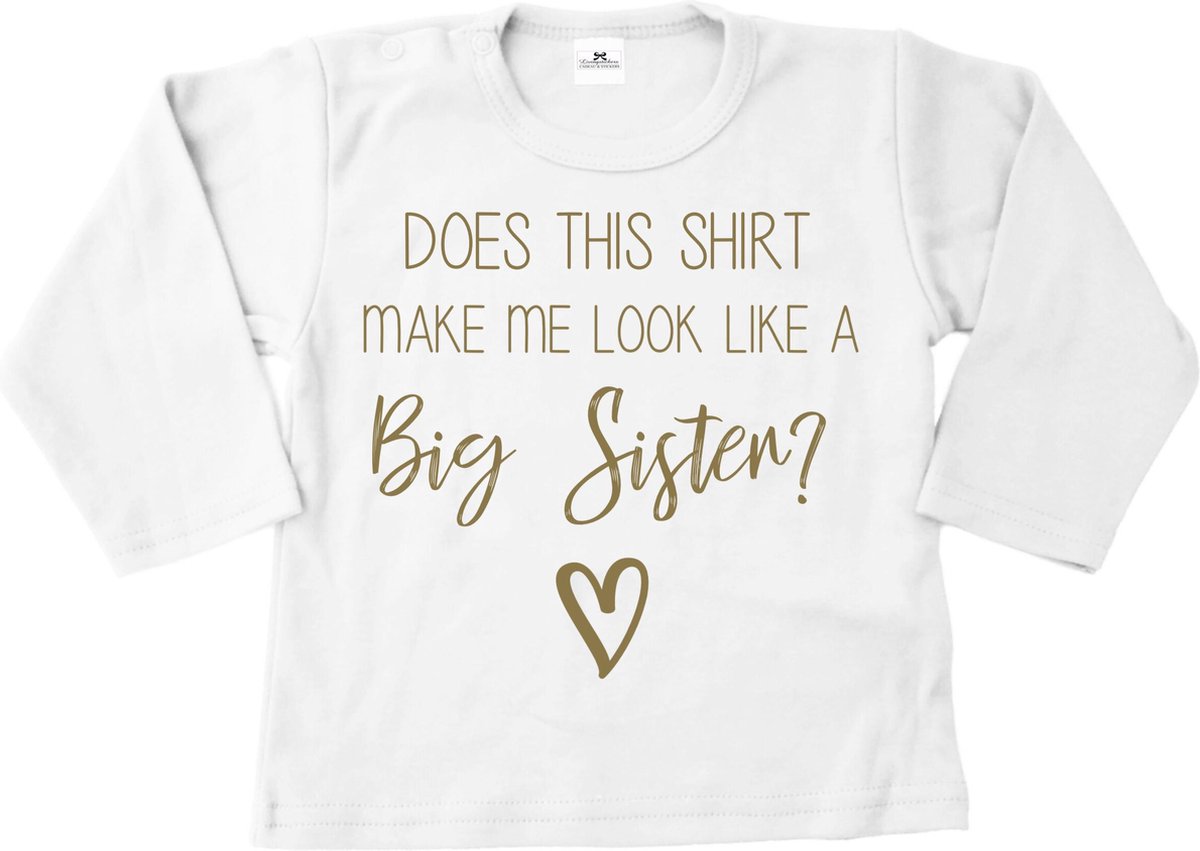 Grote zus shirt-does this shirt me look a like a big sister-wit met goud-Maat 104