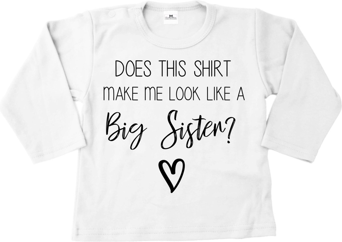 Grote zus shirt-does this shirt me look a like a big sister-wit met zwart-Maat 86