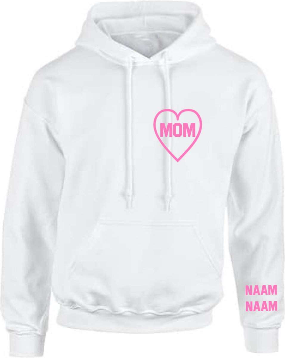 Hoodie wit met roze tekst voor mama-moederdag cadeau-verjaardags cadeau voor mama-met op de mouw de naam/namen van je kind/eren-Maat L