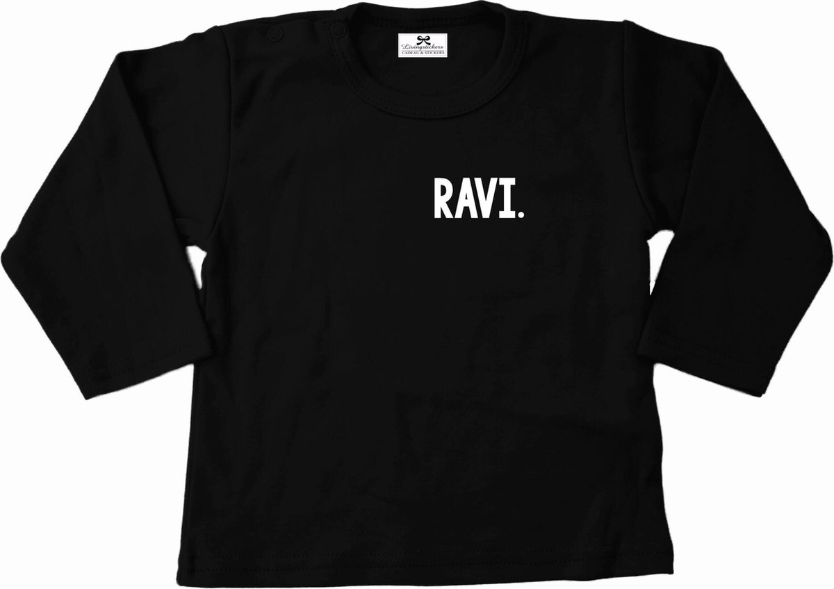 Shirt met naam-Ravi-naam shirt lange mouw-zwart met witte opdruk kind-Maat 68