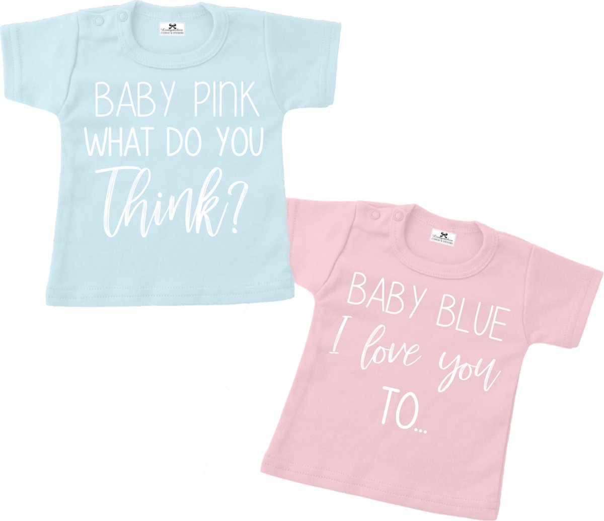 T-shirt set tweeling-Baby Pink what do you think-blauw-roze-Maat 56