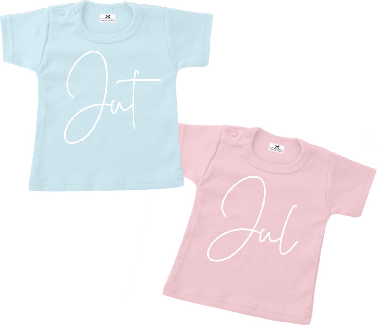 T-shirt set tweeling-Jut en Jul-blauw-roze-Maat 104