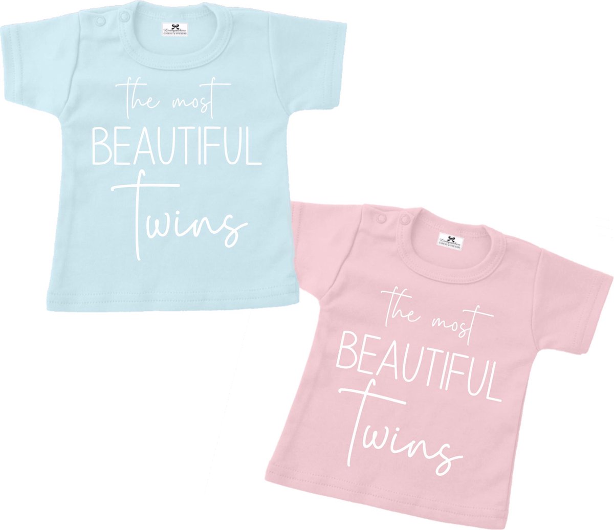 T-shirt set tweeling-The most beautiful twins-blauw-roze-Maat 104