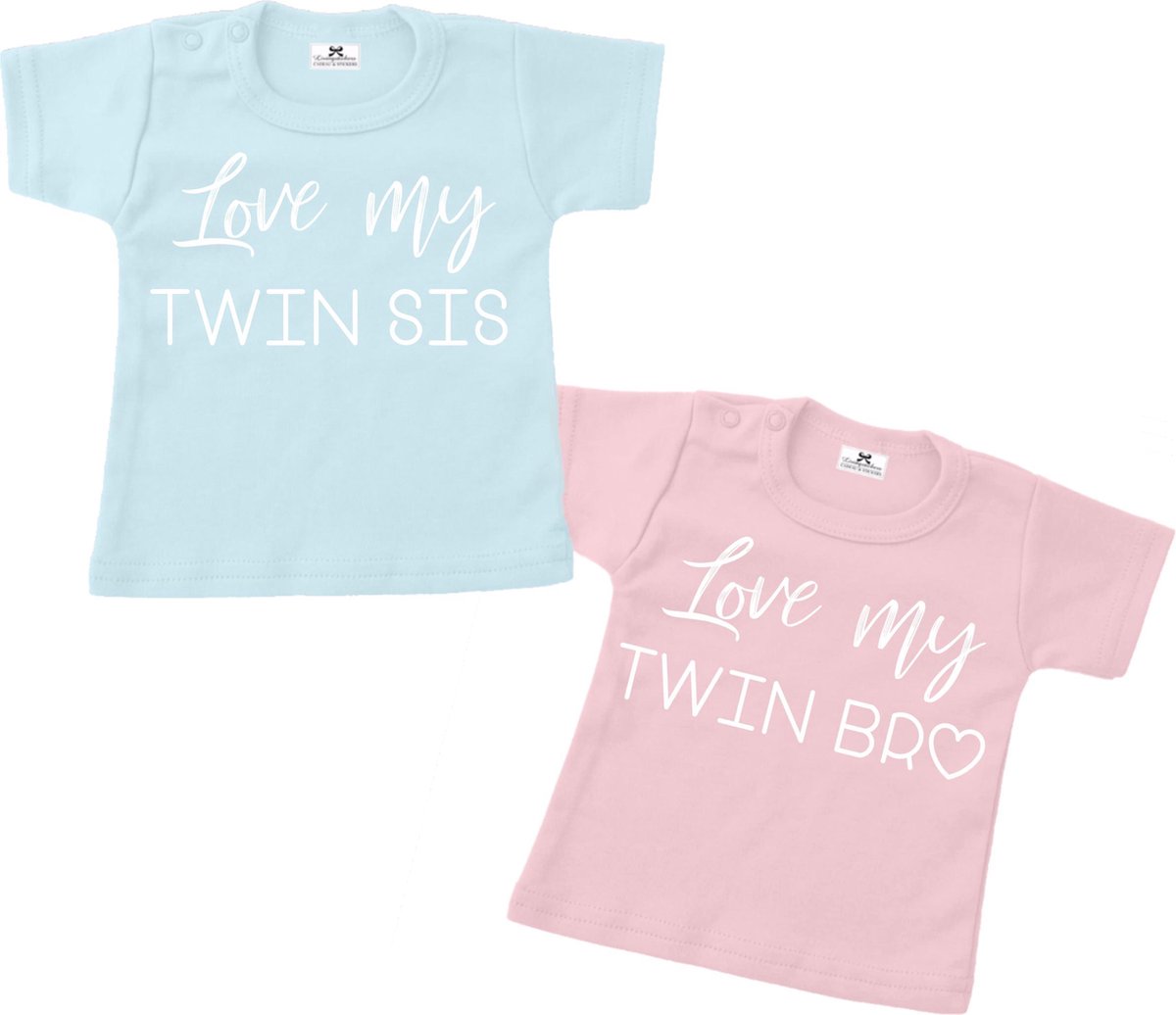 T-shirtjes set tweeling-Love my brother sister-blauw-roze-Maat 104