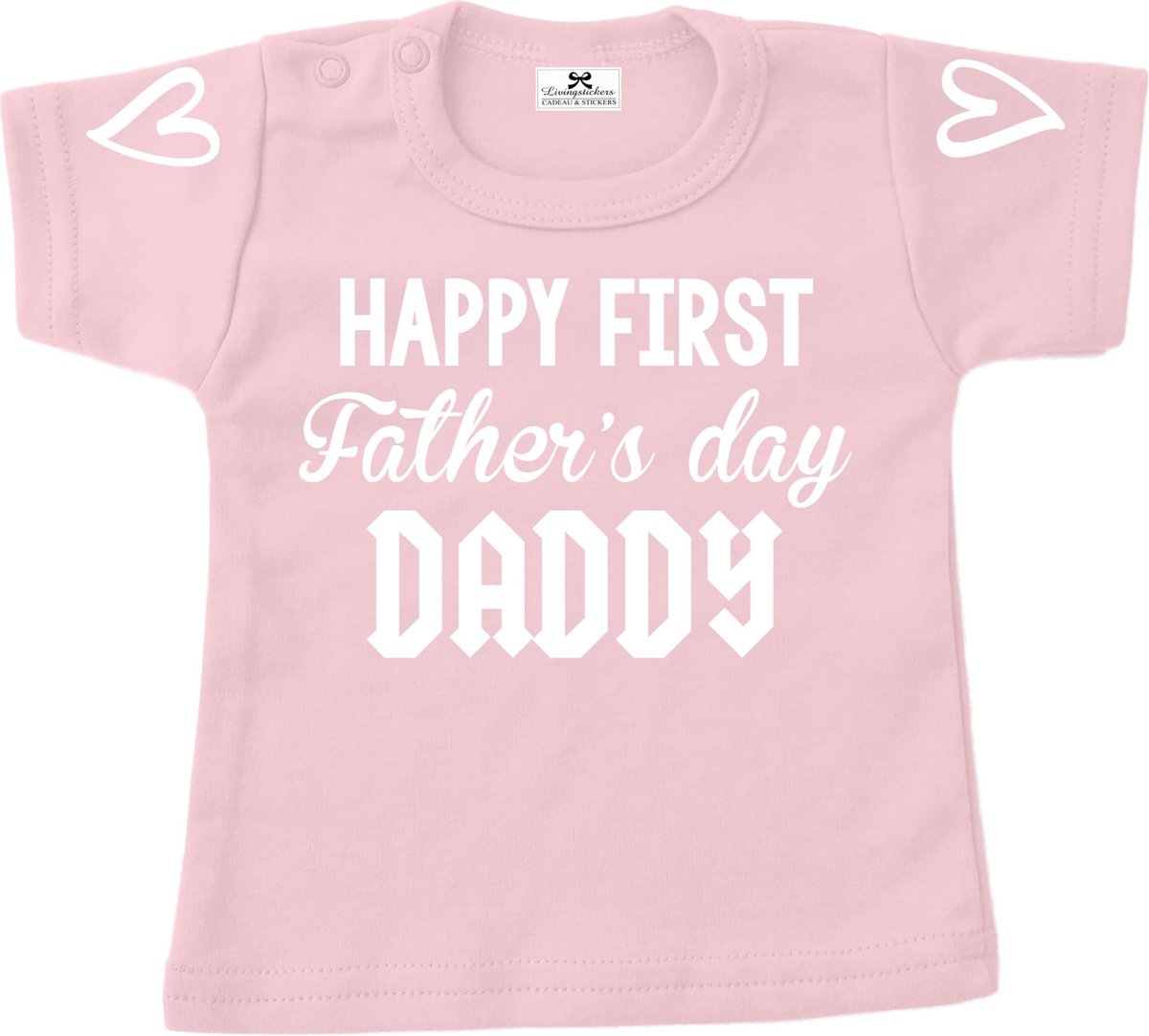 Vaderdag cadeau shirt baby dreumes-Happy first fathers day daddy-roze-wit-Maat 56