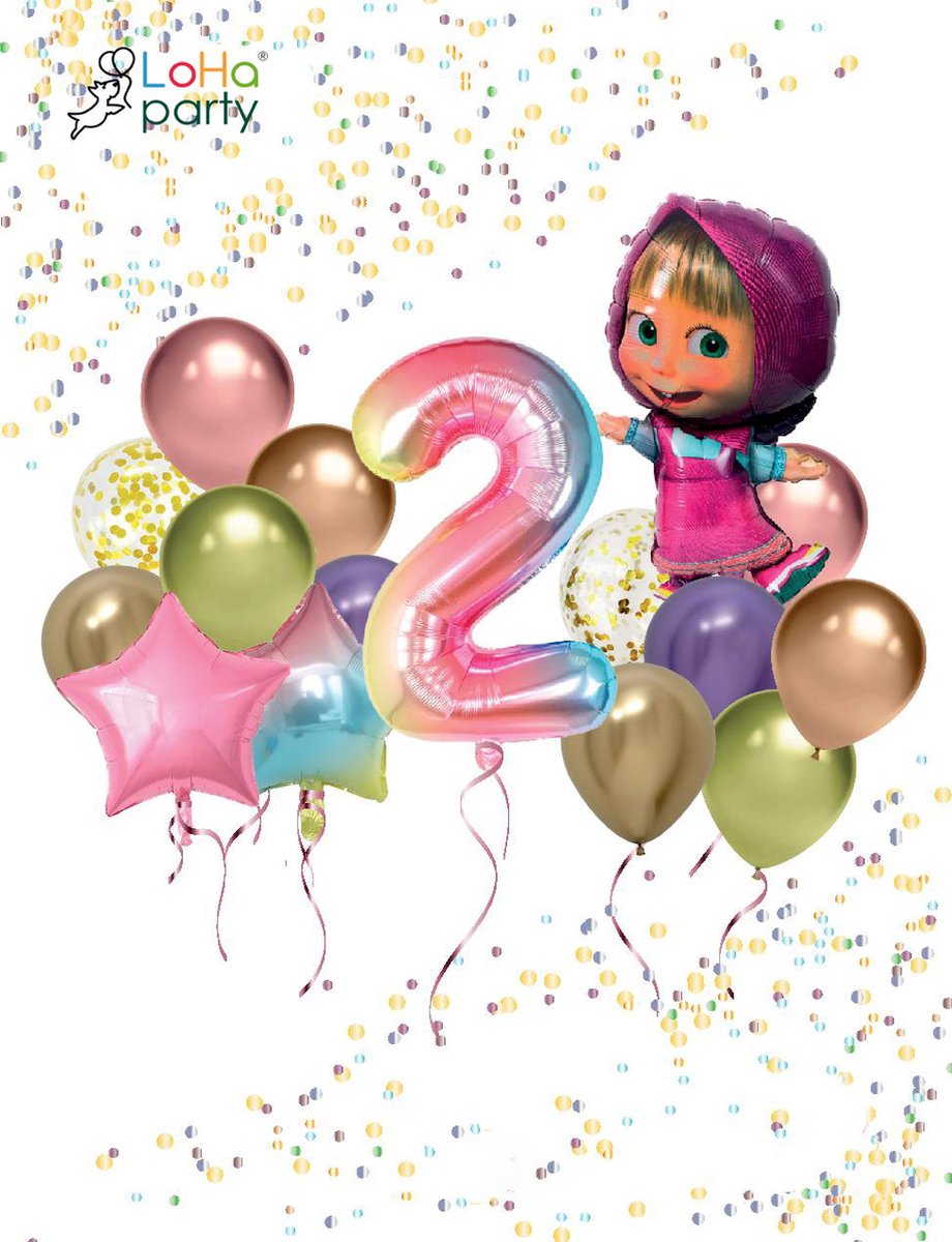 LoHa party® Masha Thema Folie ballonnen set-XXL folie ballon cijfer 2-ster folie ballon-roze-kleurijke-regeboog-Helium ballonnen-Verjaardag versiering-feestpakket-Verjaardag decotatie-Regenboog ballonnen-40inch