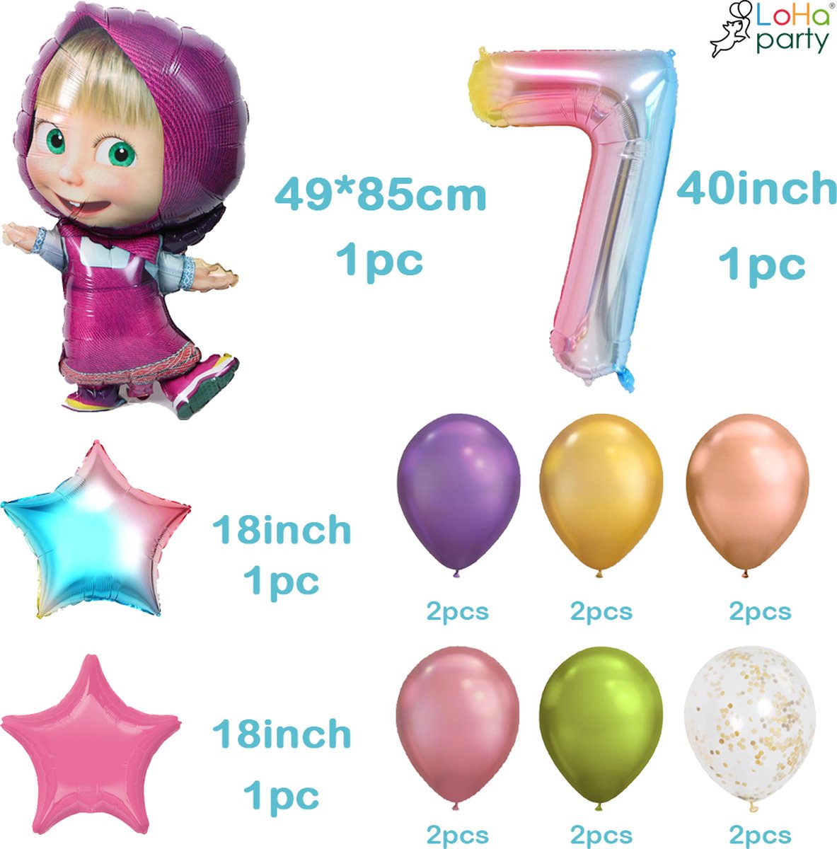 LoHa party® Masha Thema Folie ballonnen set-XXL folie ballon cijfer 7-ster folie ballon-roze-kleurijke-regeboog-Helium ballonnen-Verjaardag versiering-feestpakket-Verjaardag decotatie-Regenboog ballonnen-40inch